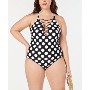 La Blanca Plus Dot-Dot Goose Lace-Up Tummy Control One-Piece Swimsuit Black 22W